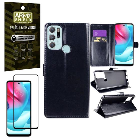 Imagem de Kit Capinha Carteira Moto G60s + Película Vidro 3D Armyshield