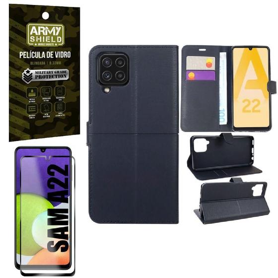 Imagem de Kit Capinha Carteira Samsung A22 4G + Película 3D Armyshield