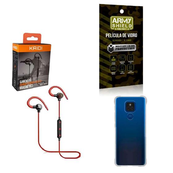 Imagem de Kit Capinha Moto E7 Plus Fone Bluetooth Esportivo e Película de vidro 3D