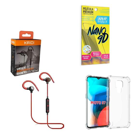 Imagem de Kit Capinha Motorola E7 Fone Bluetooth Esportivo e Película de cerâmica 9D