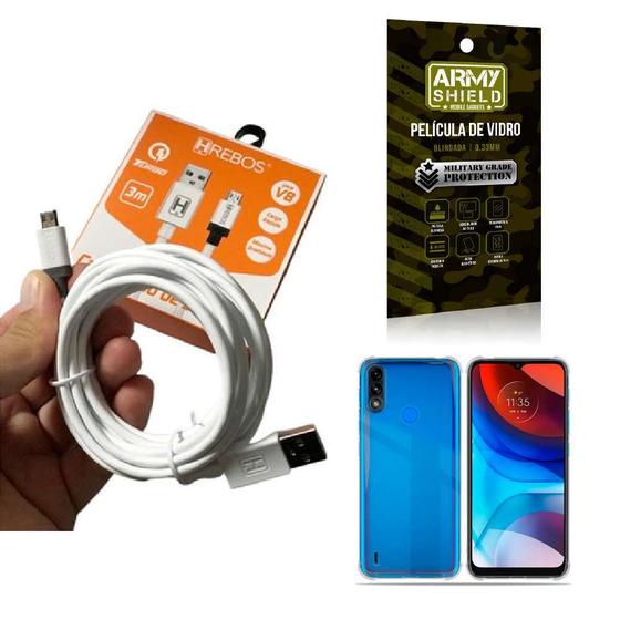 Imagem de Kit Capinha Motorola E7 Power com Cabo Turbo Tipo C 3 Metros e Película de vidro 3D