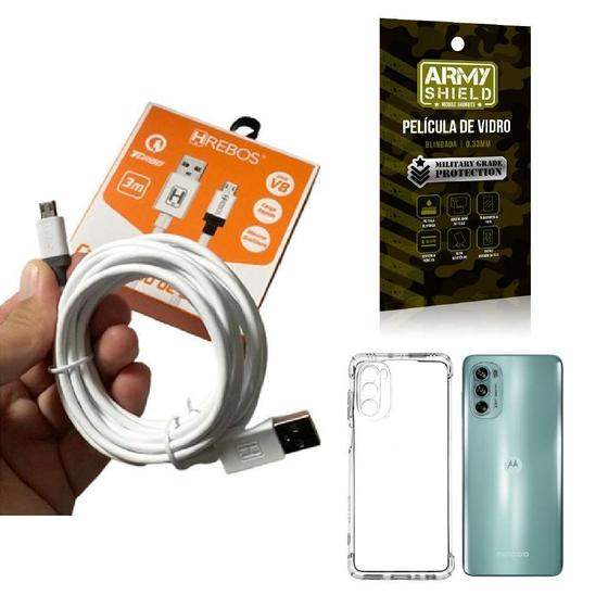 Imagem de Kit Capinha Motorola G62 com Cabo Turbo Tipo C 3 Metros e Película de vidro 3D