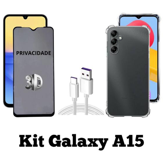 Imagem de Kit Capinha + Película 3D Privacidade + Cabo USB Tipo C para Samsung Galaxy A15