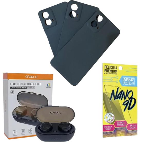 Imagem de Kit Capinha Preto Moto G04 + Fone Bluetooth + Pelicula 9D