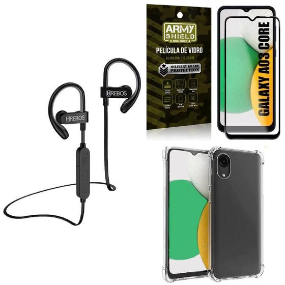 Imagem de Kit Capinha Samsung A03 Core + Fone Bluetooth HS188 + Película 3D Armyshield