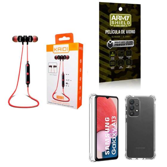 Imagem de Kit Capinha Samsung A13 4G + Fone Bluetooth Esportivo e Película de vidro 3D