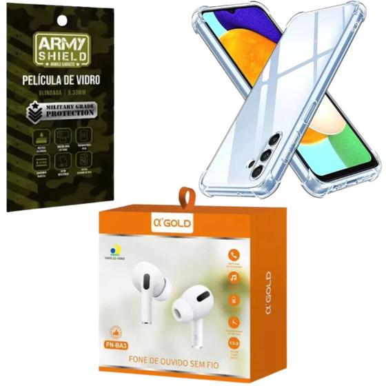 Imagem de Kit Capinha Samsung Galaxy A10s + Fone Bluetooth + Pelicula de Vidro 3D Armyshield