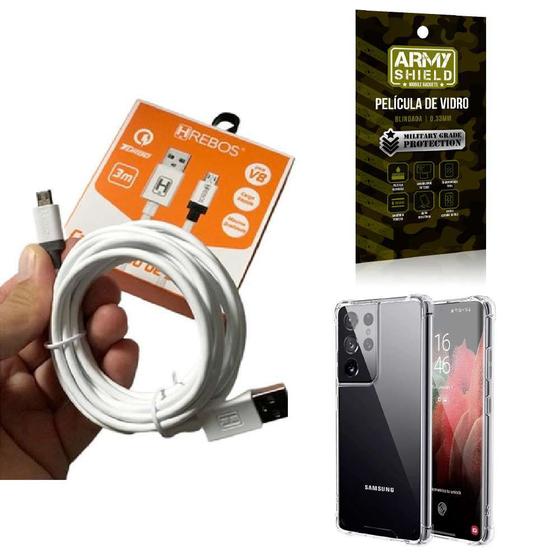Imagem de Kit Capinha Samsung S21 Ultra com Cabo Turbo Tipo C 3 Metros e Película de vidro 3D
