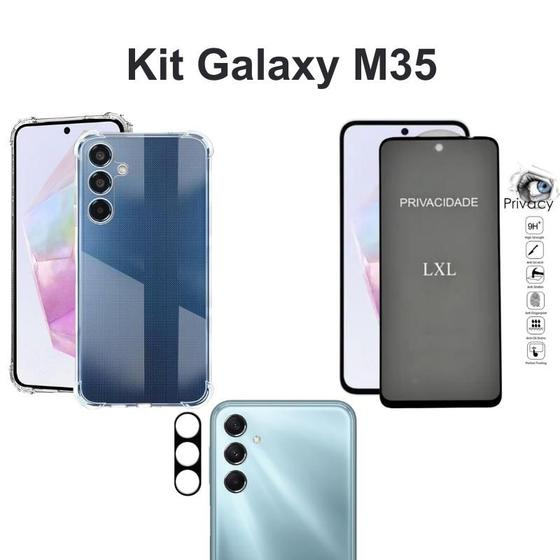 Imagem de Kit Capinha Transparente + Película 3D de Vidro Privacidade + Película Câmera Para Samsung Galaxy M35