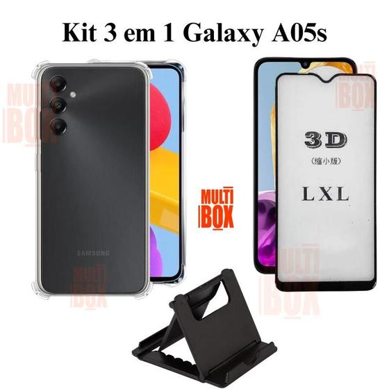 Imagem de Kit Capinha Transparente + Película 3D de Vidro + Suporte de Mesa para Samsung Galaxy A05s