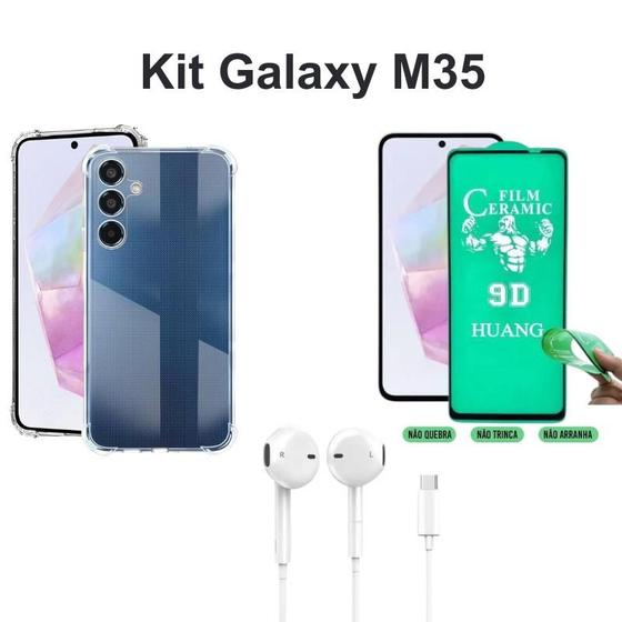 Imagem de Kit Capinha Transparente + Película de Cerâmica + Fone de Ouvido para Samsung Galaxy M35 5g