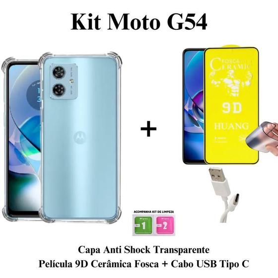 Imagem de Kit Capinha Transparente + Película de Cerâmica Fosca + Cabo USB Tipo C para Moto G54