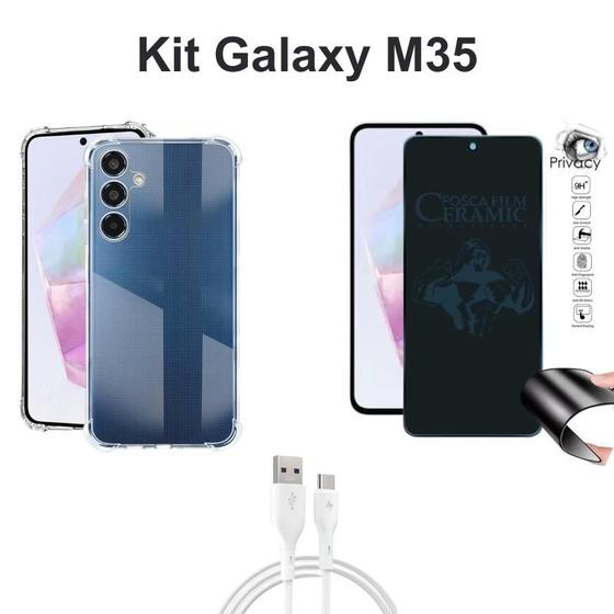 Imagem de Kit Capinha Transparente + Película Fosca Privacidade + Cabo USB Tipo C para Samsung Galaxy M35 5G