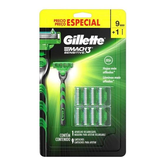 Imagem de Kit Carga Gillette Mach3 Sensitive 9 Cartuchos e Barbeador