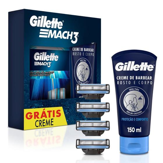 Imagem de Kit Carga para Aparelho de Barbear Gillette Mach3 4un + Creme de Barbear Rosto e Corpo Gillette 150ml