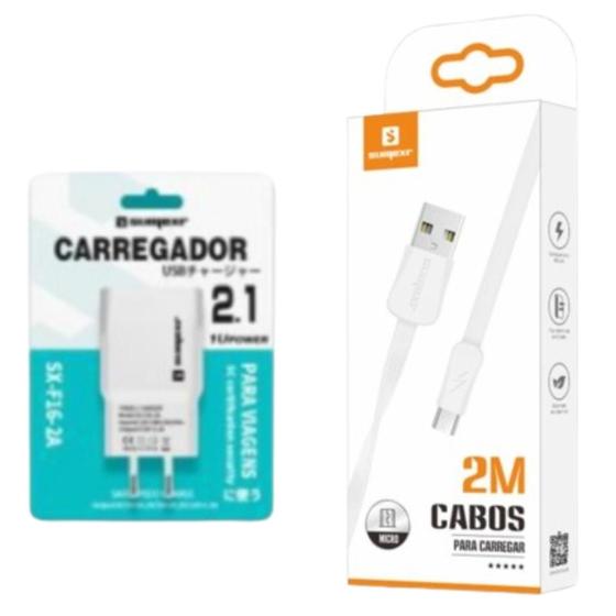 Imagem de Kit Carregador 2 metros compatível com Asus Zenfone Max Shot - Cabo Micro USB V8 e Fonte