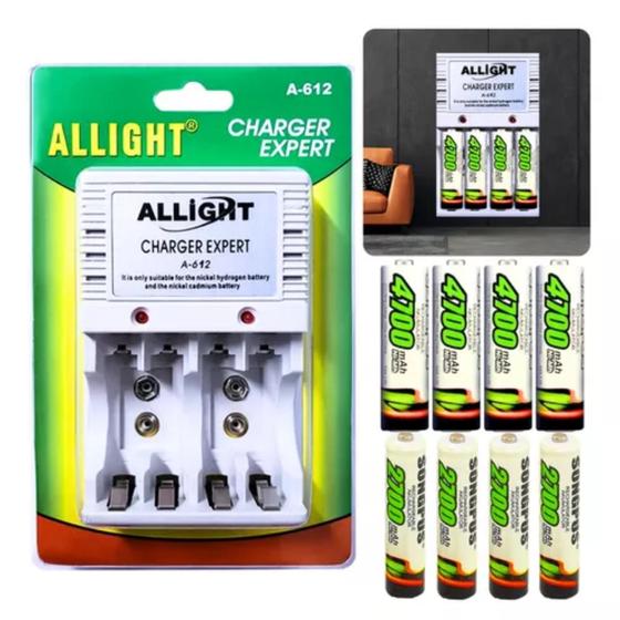 Kit Carregador de Pilhas Allight Rápido Bivolt + 8 pilhas AA e AAA Imagem de Kit Carregador de Pilhas Allight Rápido Bivolt + 8 pilhas AA e AAA