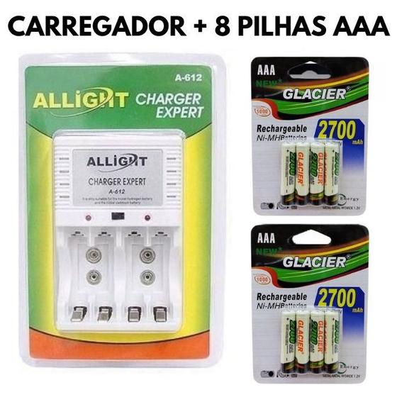 Kit Carregador de Pilhas e Baterias 9v + 8 Pilhas Recarregaveis AAA ...