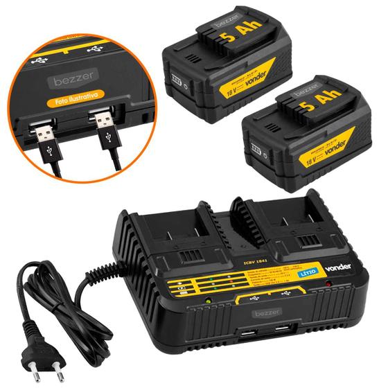 Imagem de Kit Carregador Duplo + 2 Baterias 5Ah Vonder Intercambiável Convencional Bilvolt com 2 Entradas USB