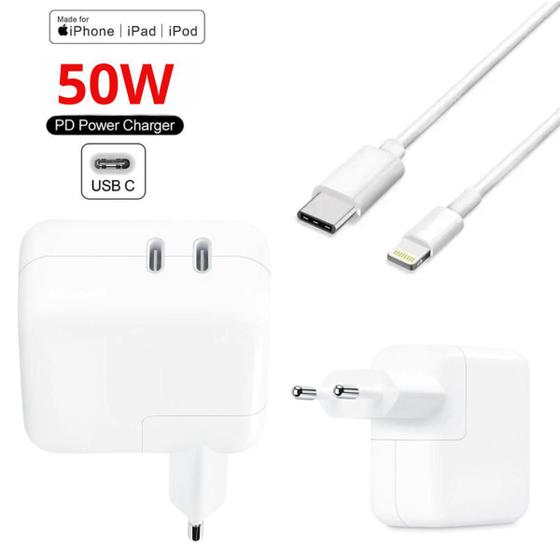 Kit Carregador Fonte 50W + Cabo Turbo USB-C Tipo-C Lightning Compatível com iPhone SE X XR 7/8 7/8 Plus 11 12 13 14 Pro Menor preço em Kit Carregador Fonte 50W + Cabo Turbo USB-C Tipo-C Lightning Compatível com iPhone SE X XR 7/8 7/8 Plus 11 12 13 14 Pro
