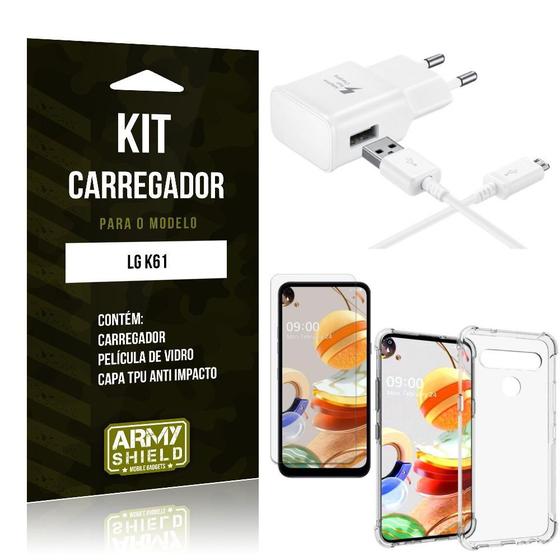 Imagem de Kit Carregador LG K61 Tipo C + Capa Antishock + Película de Vidro - ArmyShield