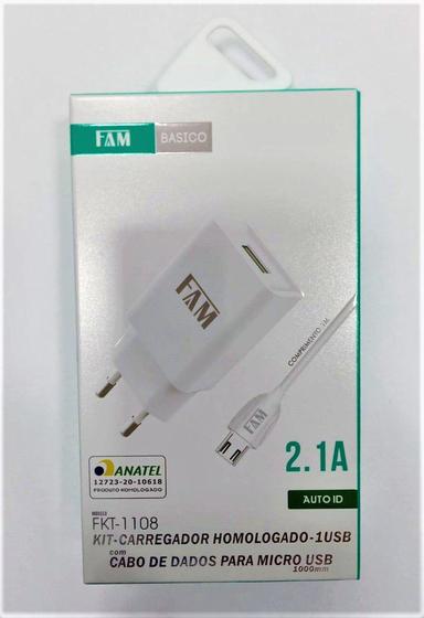 Imagem de KIT Carregador para celular mais cabo V8 com 1 USB 2.1A Certificado pela ANATEL FKT-1108 ANATEL FAM
