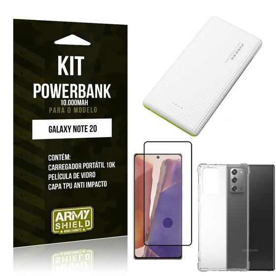 Imagem de Kit Carregador Portátil 10K Tipo C Galaxy Note 20 +Capa Anti Impacto +Película Vidro 3D -Armyshield