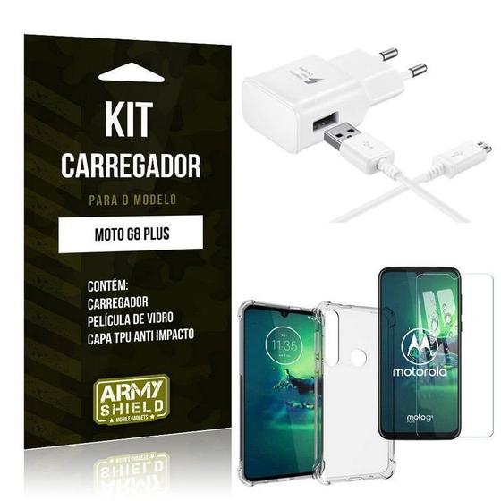 Imagem de Kit Carregador Tipo C Moto G8 Plus + Capinha Anti Impacto + Película de Vidro - Armyshield