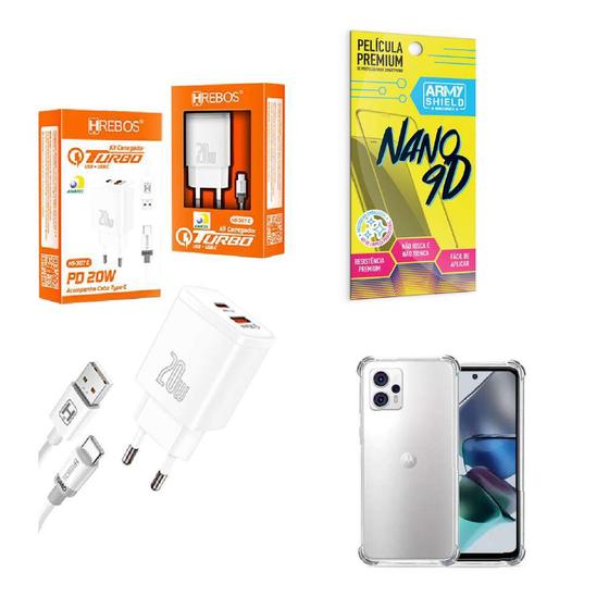 Imagem de Kit Carregador Turbo 20W + Capinha Motorola G23 + Película de Cerâmica 9D