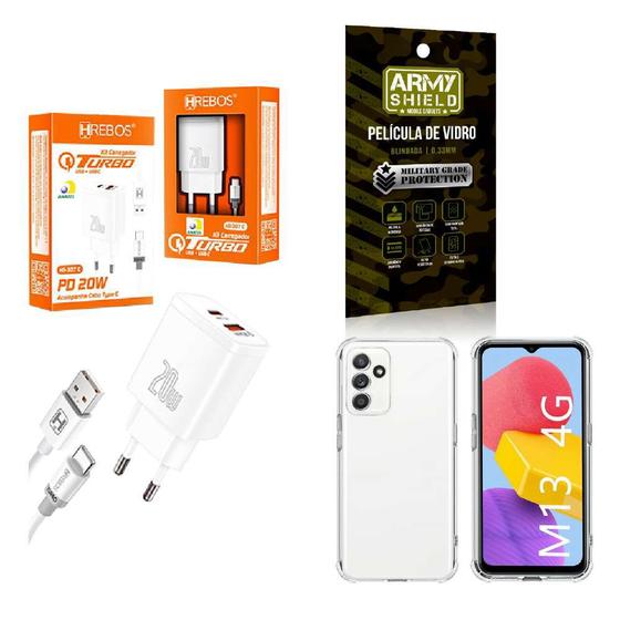 Imagem de Kit Carregador Turbo 20W + Capinha Samsung M13 + Película de Vidro 3D