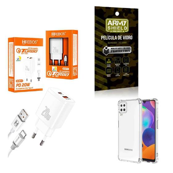 Imagem de Kit Carregador Turbo 20W + Capinha Samsung M62 + Película de Vidro 3D