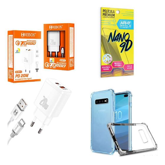 Imagem de Kit Carregador Turbo 20W + Capinha Samsung S10 Plus + Película de Cerâmica 9D