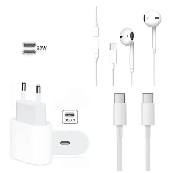 Imagem de Kit carregador turbo compatível iPhone 15 USB-C 20W com Fone de ouvido Tipo-c