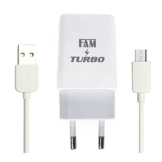 Imagem de KIT Carregador TURBO para celular mais cabo V8 com 1 USB 3A Certificado pela ANATEL FKT-Q1812 FAM