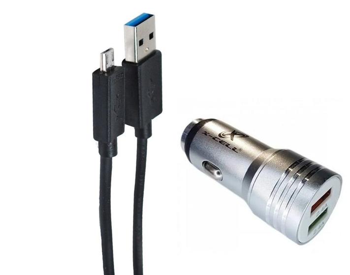 Imagem de Kit Carregador USB Automotivo Duplo C/ Cabo Micro V8 Turbo