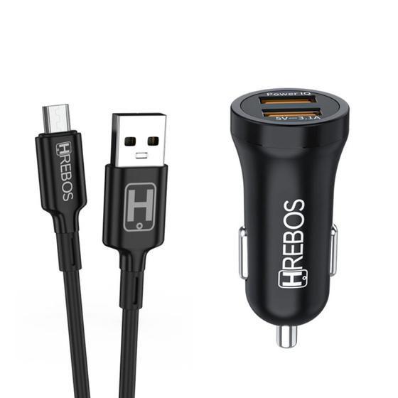 Imagem de Kit Carregador Veicular Dual USB com Cabo Micro USB V8 HREBOS HS-182 V