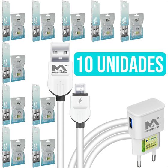 Imagem de Kit Carregadores Com 10 Fontes Usb Duas Portas Turbo E 10 Cabos Micro Usb V8 Para Tablets Celulares Computadores