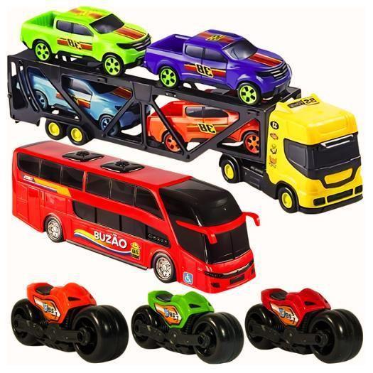 Imagem de Kit Carreta Cegonheira Caminhão Brinquedo Motinha Ônibus