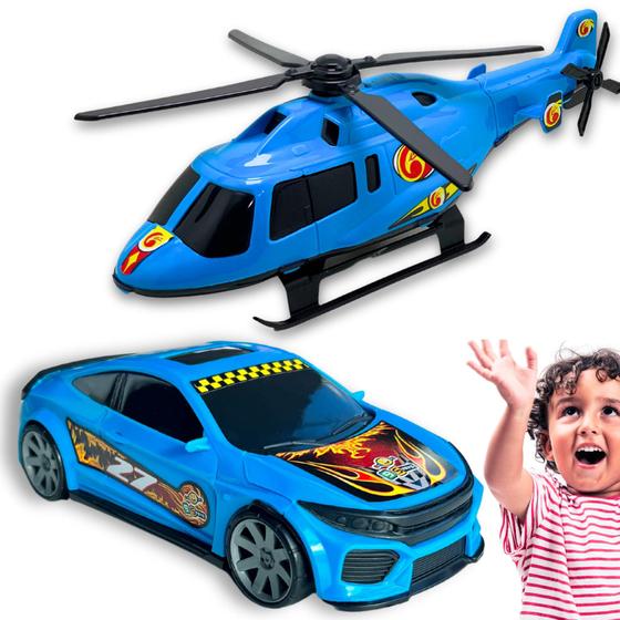 Imagem de Kit Carrinho De Corrida+ Helicóptero Brinquedo Menino Barato