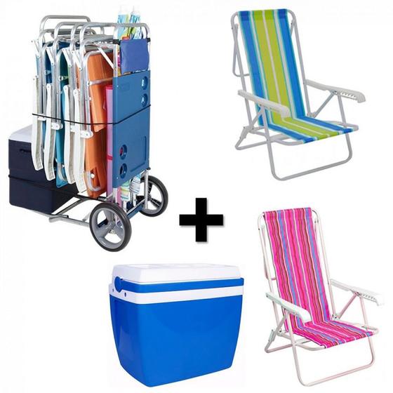 Kit Carrinho de Praia + 2 Cadeiras 8 Posicoes em Aco + Caixa Termica 34 Litros Mor e Lazer Menor preço em Kit Carrinho de Praia + 2 Cadeiras 8 Posicoes em Aco + Caixa Termica 34 Litros Mor e Lazer