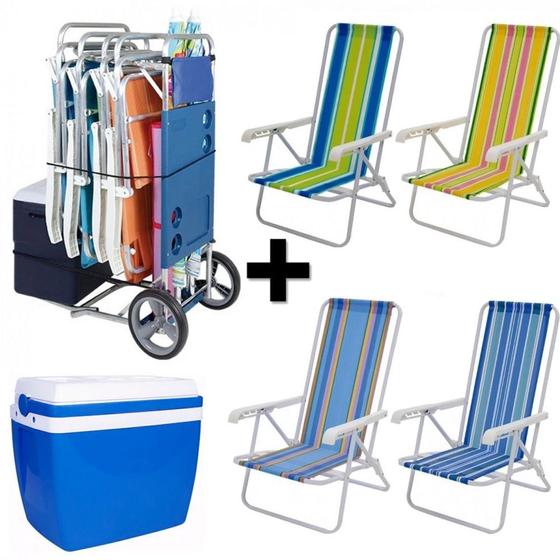 Kit Carrinho de Praia com Avanco + 4 Cadeiras 4 Posicoes em Aluminio + Caixa Termica 34 Litros Mor e Lazer Menor preço em Kit Carrinho de Praia com Avanco + 4 Cadeiras 4 Posicoes em Aluminio + Caixa Termica 34 Litros Mor e Lazer