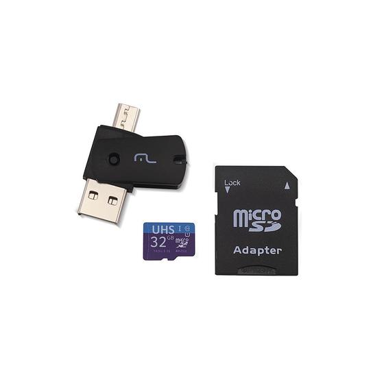 Imagem de Kit Cartão de Memória 32Gb Adaptador USB dual drive Vídeos Fotos Full Multi HD MC151