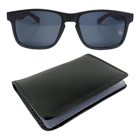 Imagem de Kit Carteira Masculina Pequena Compartimento Compacta E Óculos De Sol Bambu Madeira Masculino E Feminino Quadrado MD-05