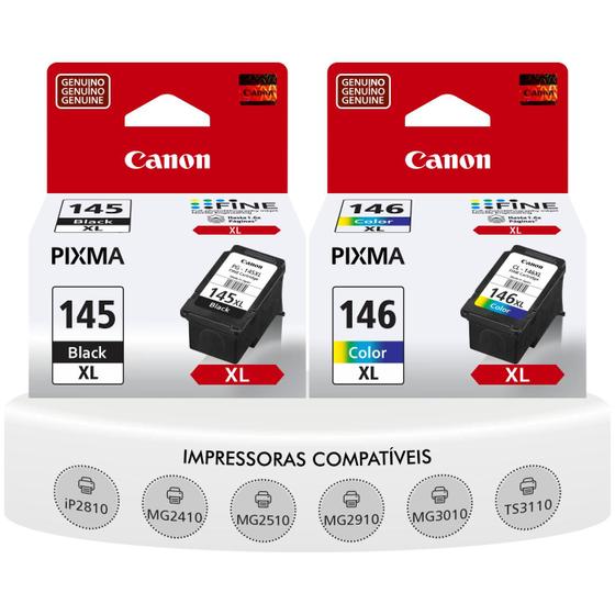 Imagem de Kit Cartuchos Canon Pg145 Xl Preto Cl146 XL Color Originais MG2410 MG2510 MG2910 MG3010 TS3110