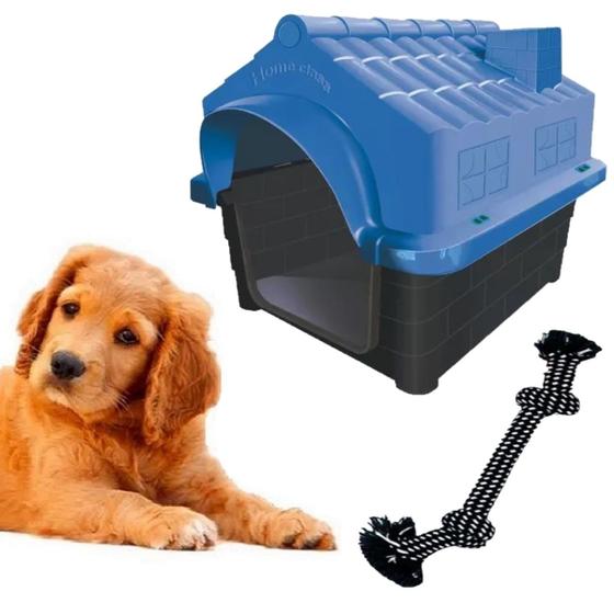 Imagem de Kit Casa Pet N3 Azul E Brinquedo Pet Mordedor Corda Chalesco