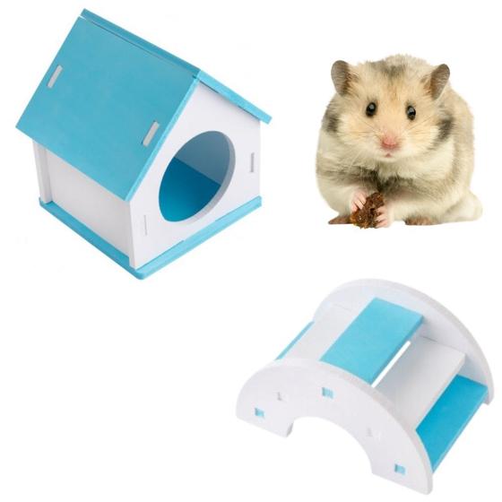 Imagem de Kit Casa Refugio + Escada Ponte P/ Roedores Hamster Pet Azul