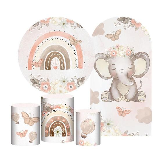 Imagem de Kit Casado Boho Elefante Painel Redondo Trio Capas Cilindro