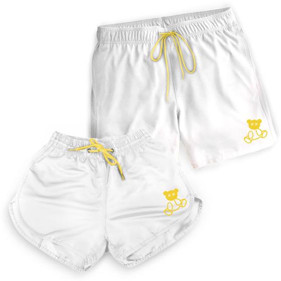 Imagem de Kit Casal Short Branco Bermuda Tactel Moda Praia Verão Estampado Urso Ted Modelo Mauricinho