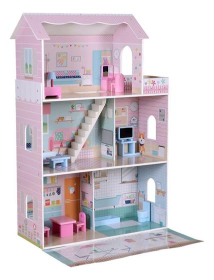 Imagem de Kit Casinha Casa De Boneca + 13 Moveis Madeira Mdf Dollhouse