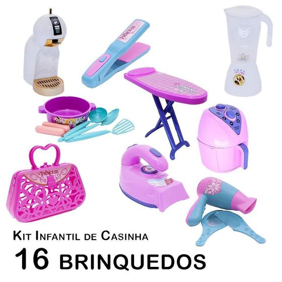 Imagem de Kit Casinha Infantil Cafeteira Ferro Tábua Secador 16Pç